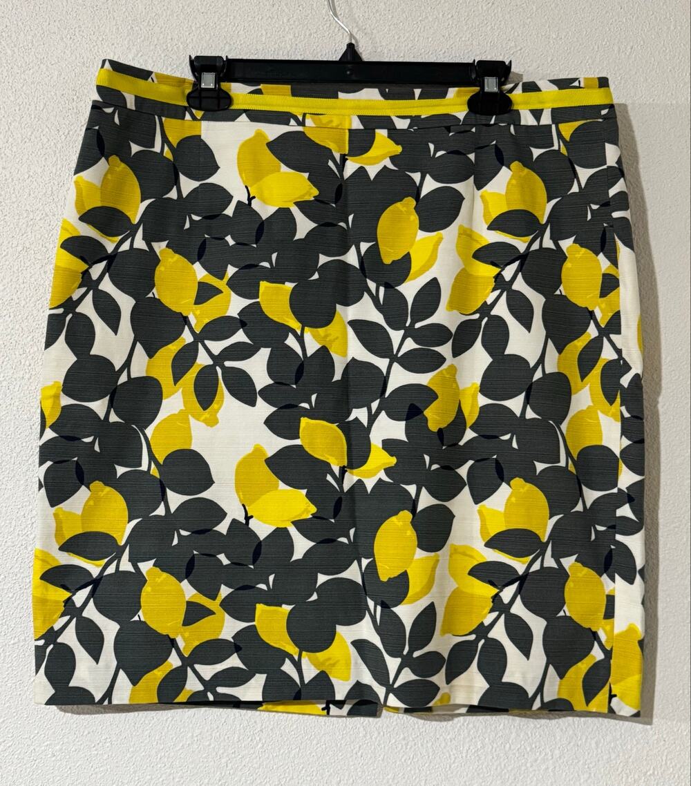 Boden Citrus Lemon Print Pencil Skirt US 14R Yellow Gray Cotton Lined Office